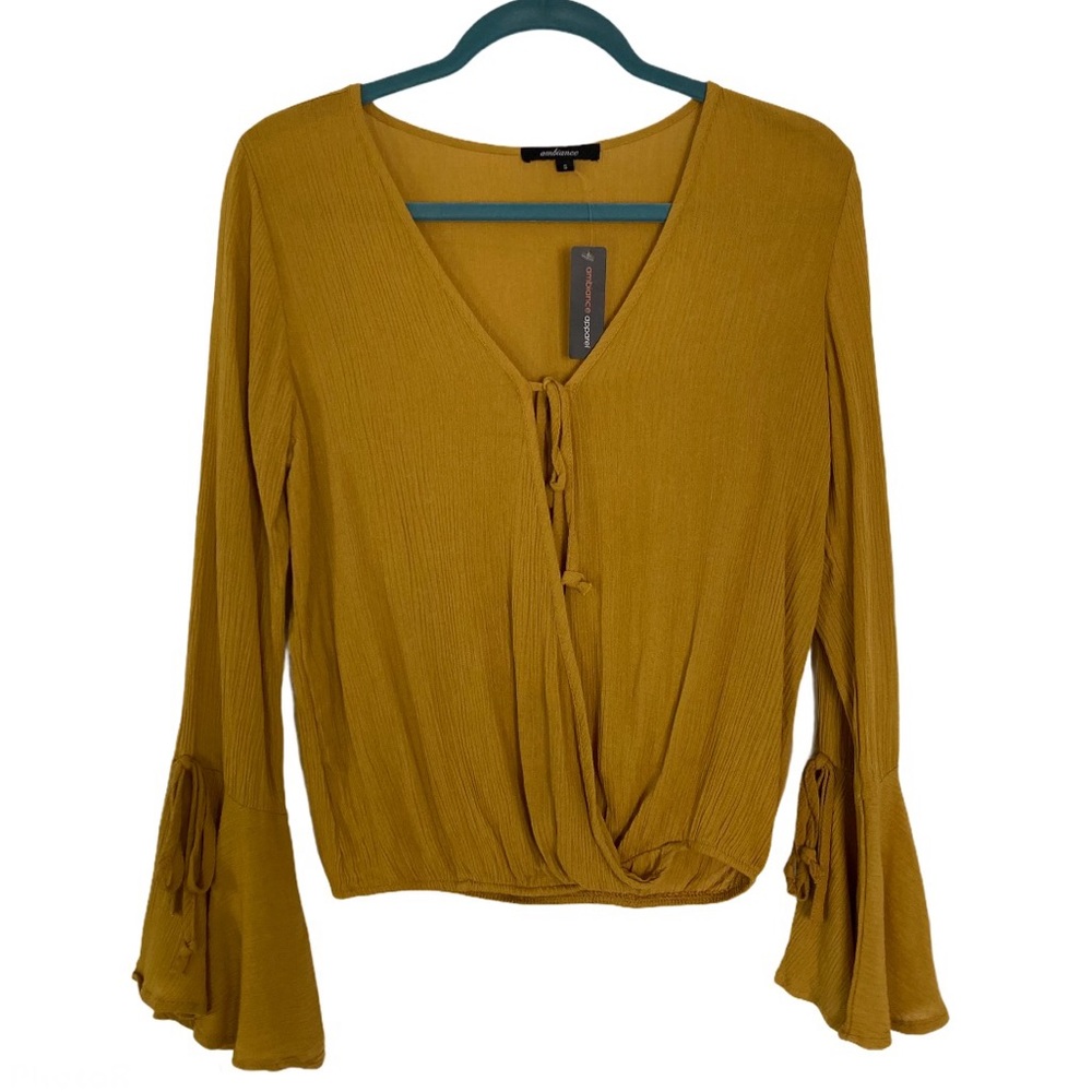 NWT Ambiance Long Bell Sleeve Surplice Top Yellow Mustard Small